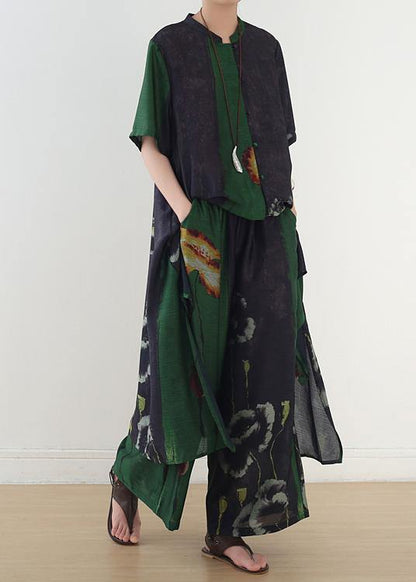 Green Prints Short Sleeve Shirt Dress With Elastic Waist Wide Leg Pants Two Pieces