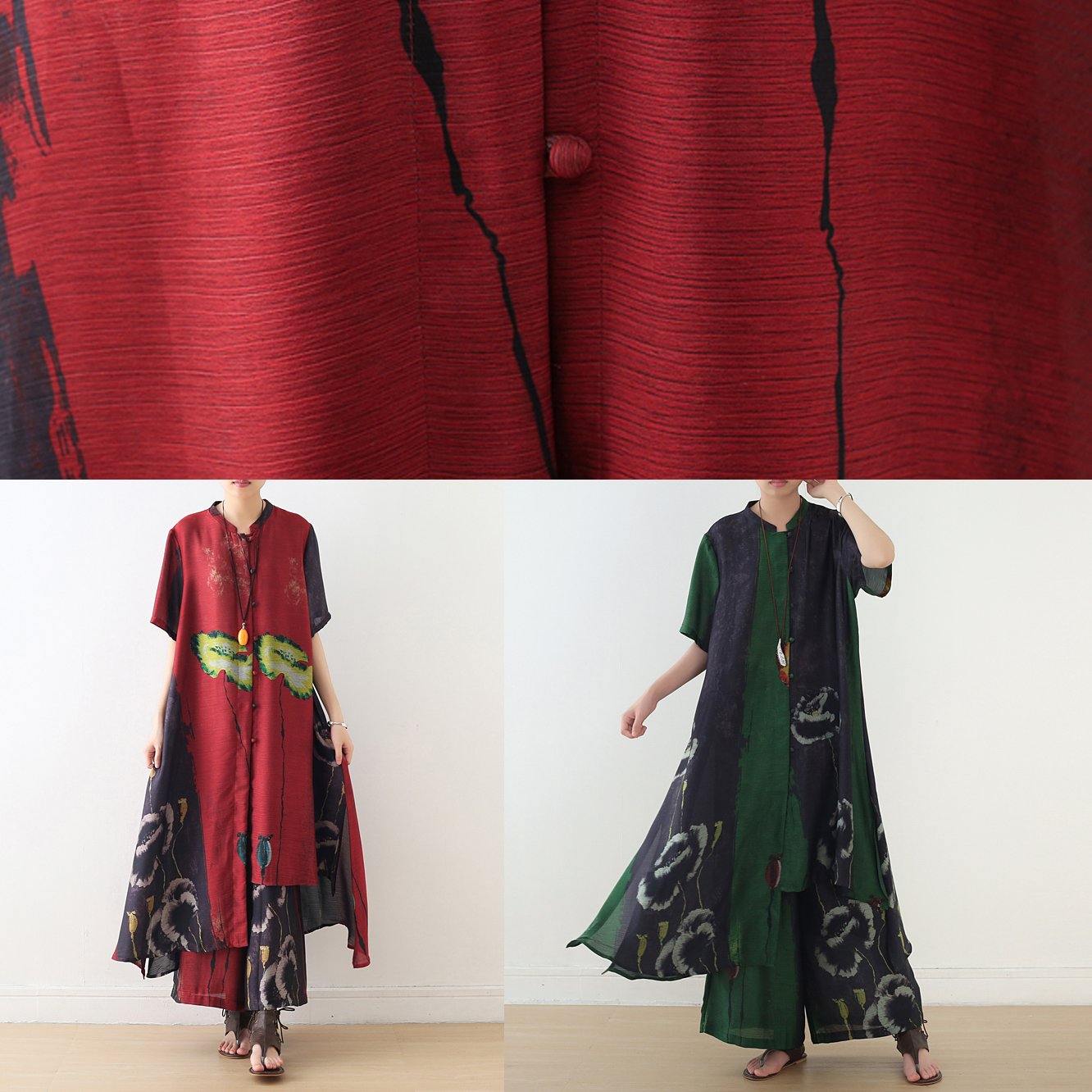 Green Prints Short Sleeve Shirt Dress With Elastic Waist Wide Leg Pants Two Pieces