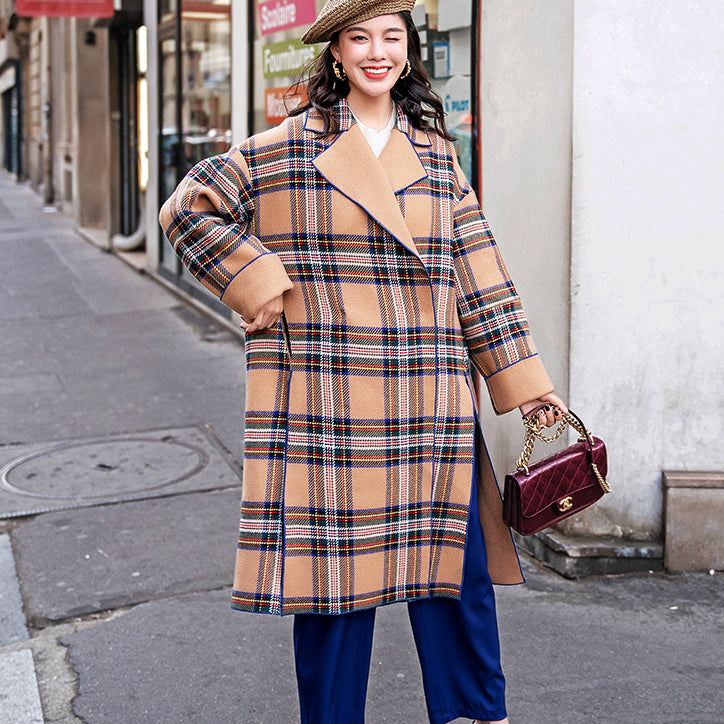 Khaki Plaid Coats Notched Winter Coat Fine Side Open Pockets Wool Jackets