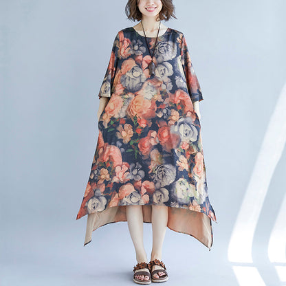 Khaki Cotton Blended Maxi Dress Print Half Sleeve Long Dresses New O Neck Cotton Blended Clothing