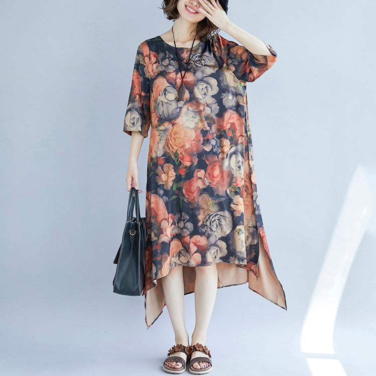 Khaki Cotton Blended Maxi Dress Print Half Sleeve Long Dresses New O Neck Cotton Blended Clothing