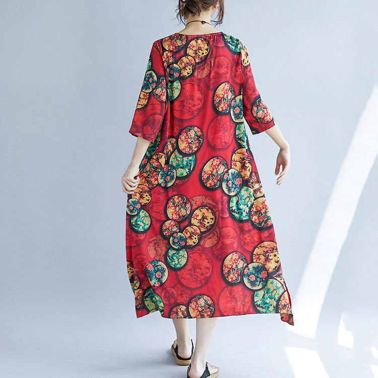 Khaki Cotton Blended Maxi Dress Print Half Sleeve Long Dresses New O Neck Cotton Blended Clothing