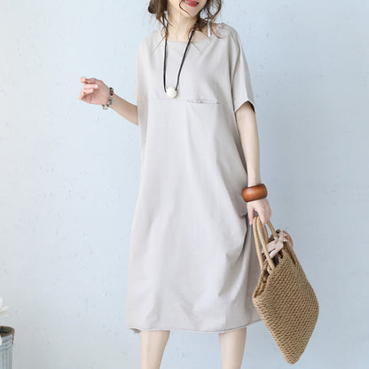 Khaki Cotton Dress Oversize Traveling Dress Boutique Short Sleeve O Neck Natural Cotton Dress