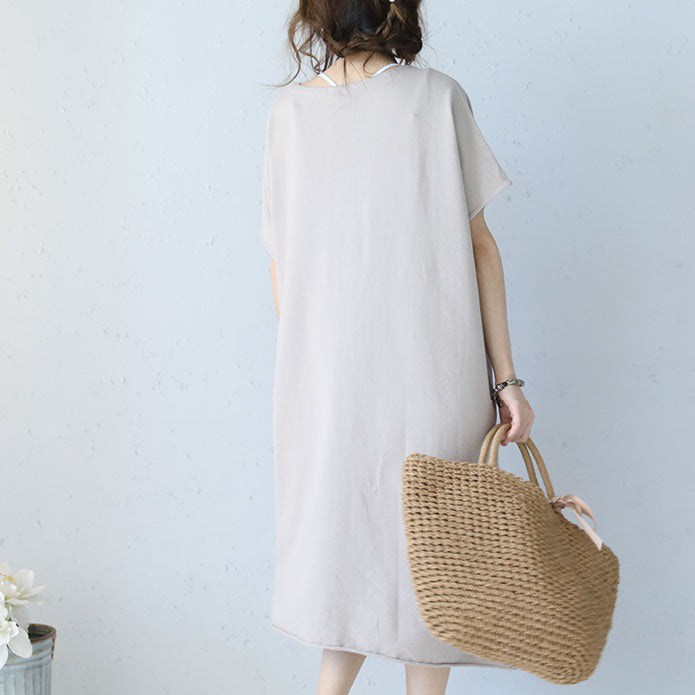 Khaki Cotton Dress Oversize Traveling Dress Boutique Short Sleeve O Neck Natural Cotton Dress