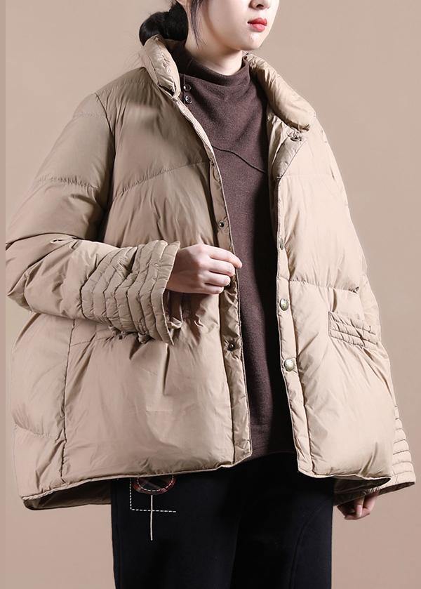 Khaki Down Coat Winter Stand Collar Chinese Button Overcoat