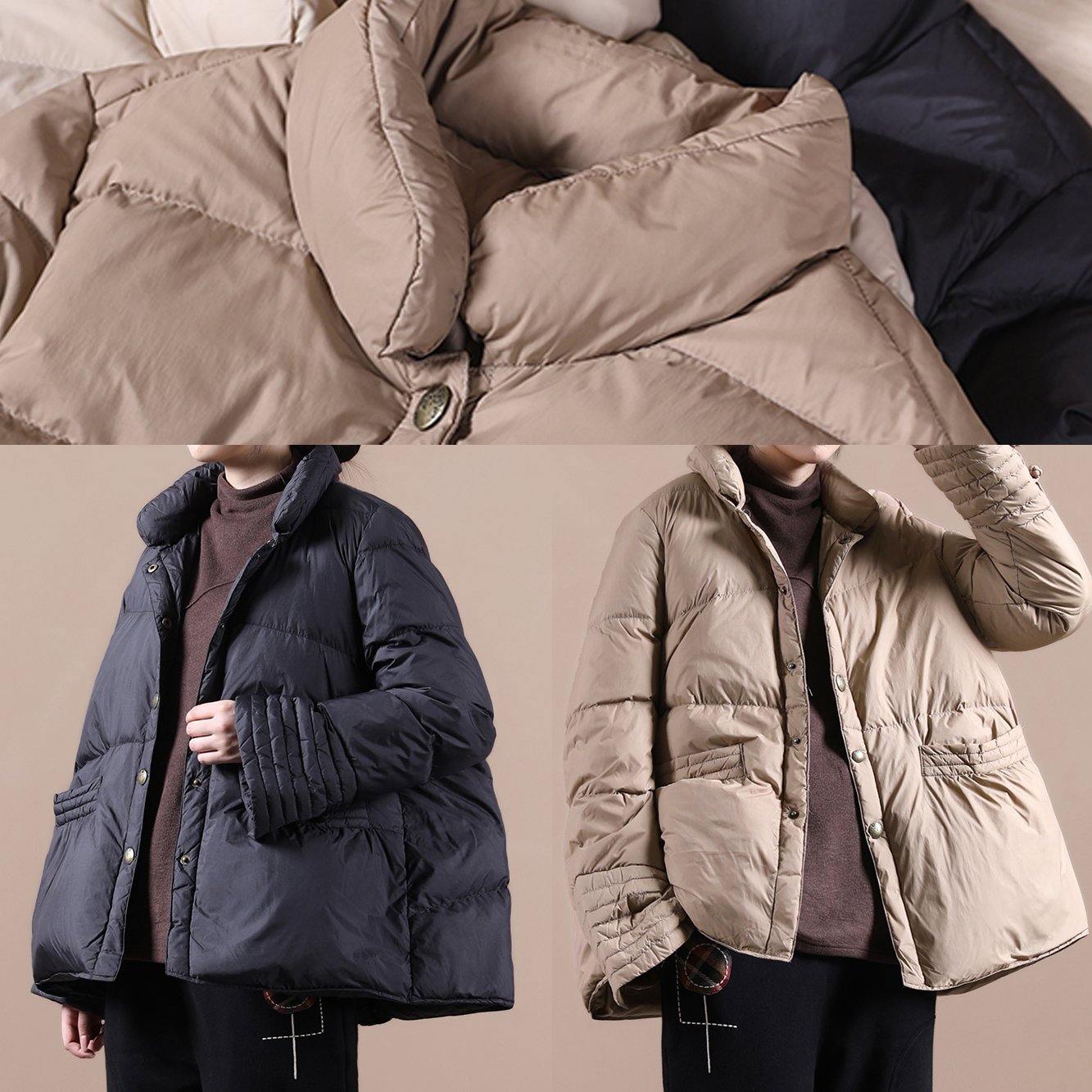 Khaki Down Coat Winter Stand Collar Chinese Button Overcoat
