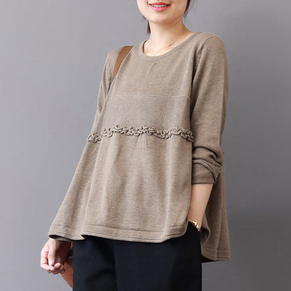 Khaki Sweater Fall Patchwork Sweaters Ruffles Fall Blouse