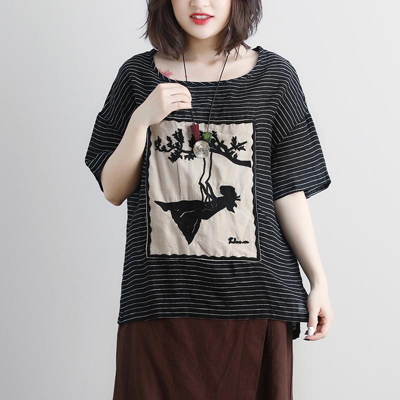 Linen Blouse Loose Fitting Stripe Short Sleeve High-low Hem Embroidery Tops
