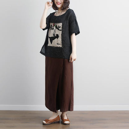 Linen Blouse Loose Fitting Stripe Short Sleeve High-low Hem Embroidery Tops