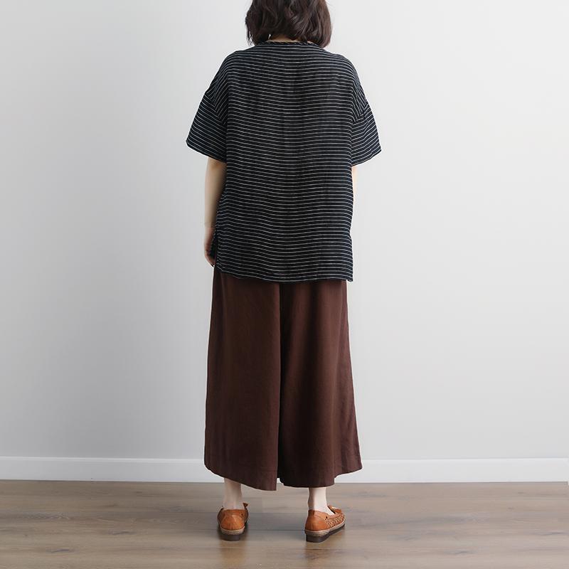 Linen Blouse Loose Fitting Stripe Short Sleeve High-low Hem Embroidery Tops