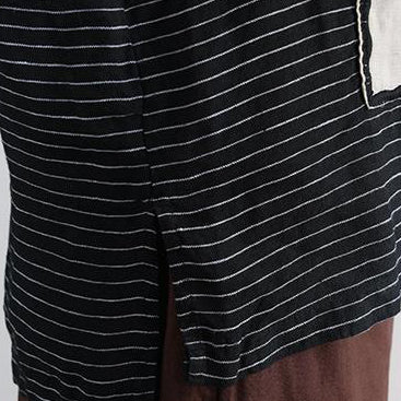 Linen Blouse Loose Fitting Stripe Short Sleeve High-low Hem Embroidery Tops