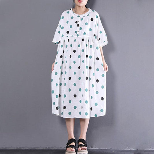 Linen Shift Dress Oversized Loose Short Sleeve Dots Printed White Pleated Dress