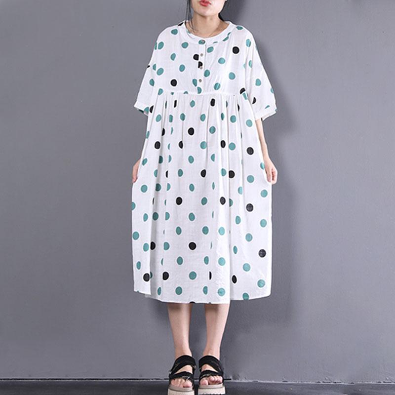 Linen Shift Dress Oversized Loose Short Sleeve Dots Printed White Pleated Dress