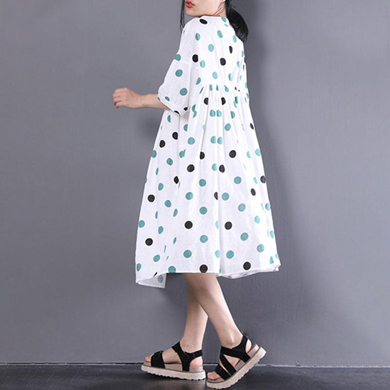 Linen Shift Dress Oversized Loose Short Sleeve Dots Printed White Pleated Dress