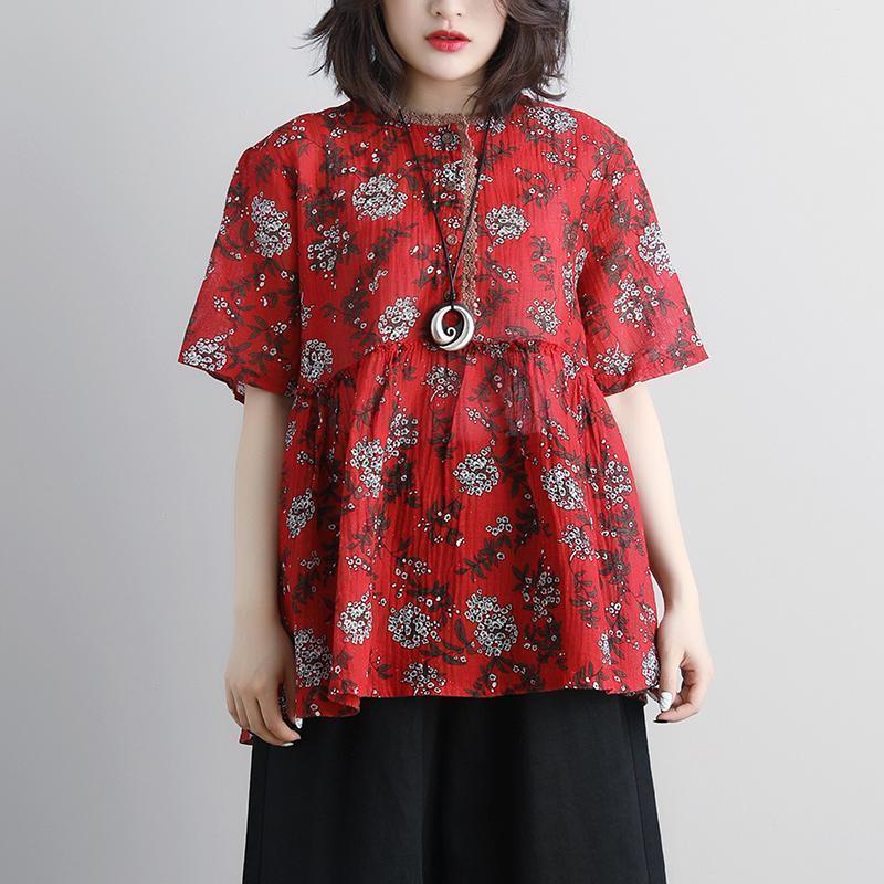 Linen Tops Loose Fitting Round Neck Summer Short Sleeve Red Blouse