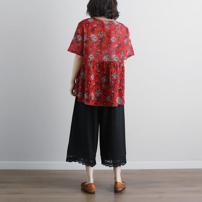 Linen Tops Loose Fitting Round Neck Summer Short Sleeve Red Blouse