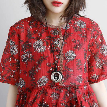 Linen Tops Loose Fitting Round Neck Summer Short Sleeve Red Blouse