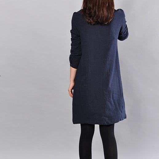 Navy Pure Linen Dresses Loose Fitting Cotton Maxi Dress Fine Big Pockets Long Sleeve Shirt Dress
