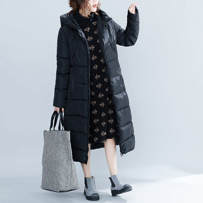 New Black Hooded Quilted Coat Pockets Zippered Cotton Coats