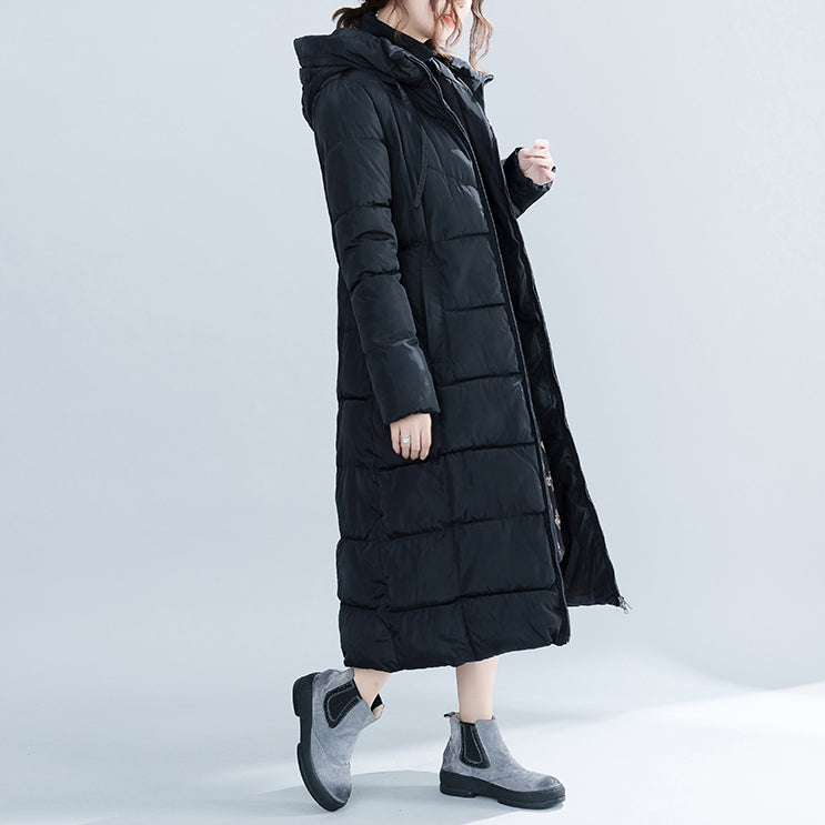 New Black Hooded Quilted Coat Pockets Zippered Cotton Coats
