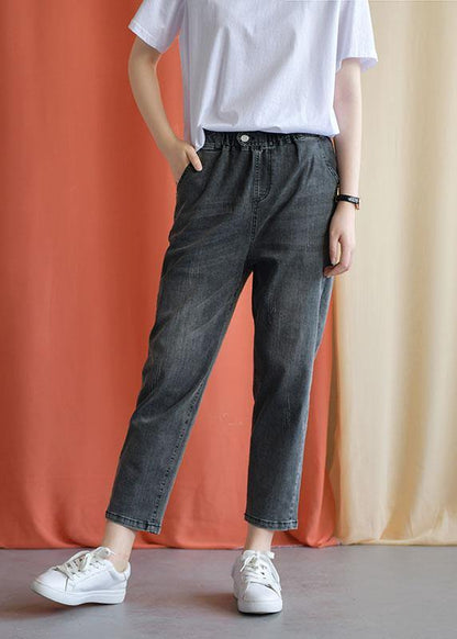 New Fall Black Gray Cotton Loose Pants Elastic Waist Jeans