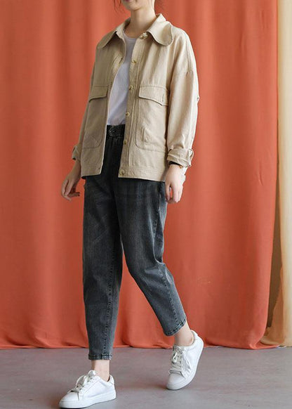 New Fall Black Gray Cotton Loose Pants Elastic Waist Jeans