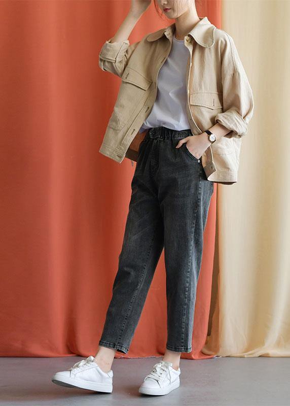 New Fall Black Gray Cotton Loose Pants Elastic Waist Jeans