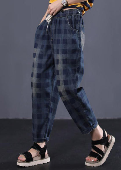 New Navy Plaid Cotton Pant Elastic Waist Pants