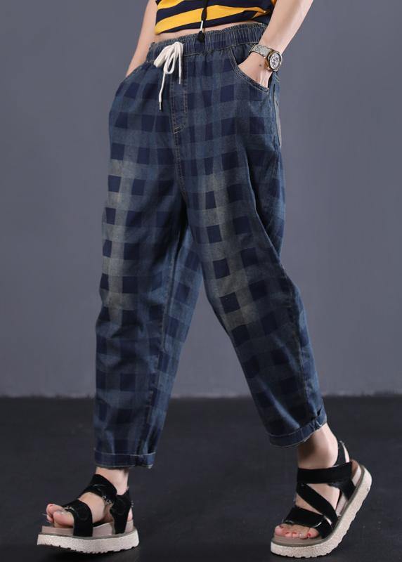 New Navy Plaid Cotton Pant Elastic Waist Pants