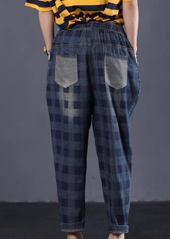 New Navy Plaid Cotton Pant Elastic Waist Pants