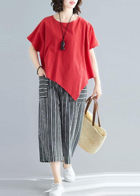 New Red Asymmetric Hem Tops and Striped Crop Pants