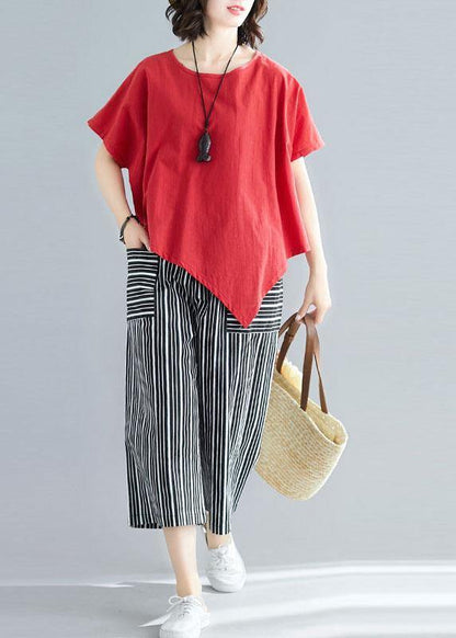 New Red Asymmetric Hem Tops and Striped Crop Pants