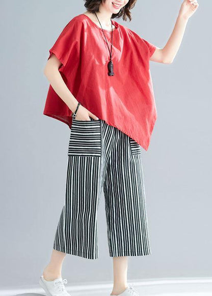 New Red Asymmetric Hem Tops and Striped Crop Pants
