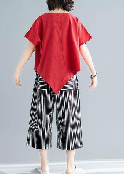 New Red Asymmetric Hem Tops and Striped Crop Pants