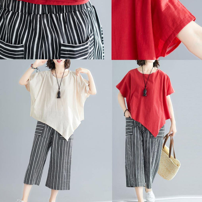 New Red Asymmetric Hem Tops and Striped Crop Pants