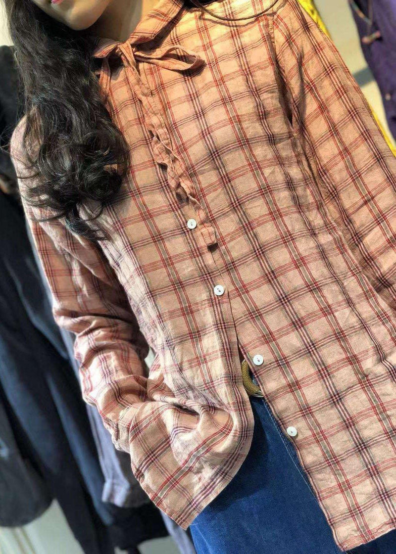 New Turn-down Collar Big Plaid Retro Linen Blended Tops