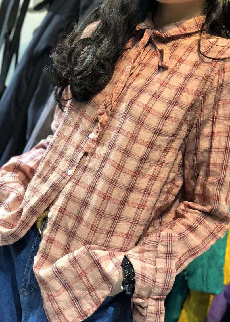 New Turn-down Collar Big Plaid Retro Linen Blended Tops