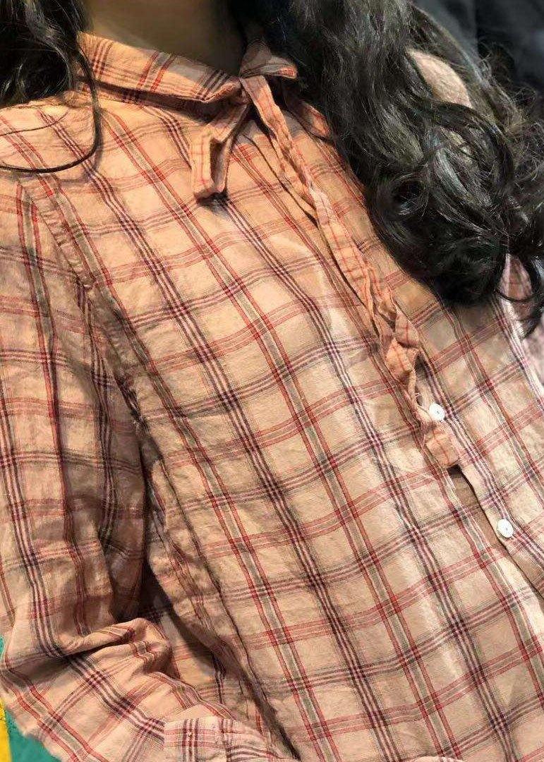 women new turn-down collar Big Plaid retro linen blended tops