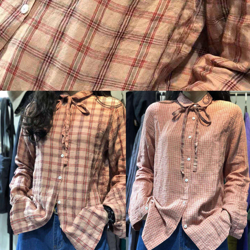 New Turn-down Collar Big Plaid Retro Linen Blended Tops