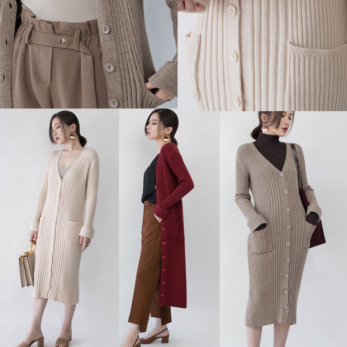 Nude Winter Coat V Neck Long Coat New Pockets Cardigan Coats