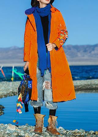 Orange Down Coat Winter Hooded Parka Side Open Zippered Winter Outwear