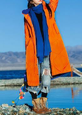 Orange Down Coat Winter Hooded Parka Side Open Zippered Winter Outwear