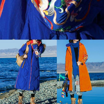 Orange Down Coat Winter Hooded Parka Side Open Zippered Winter Outwear