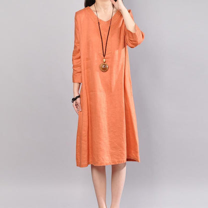 Orange Linen Dresses Clothing Traveling Clothing Bracelet Sleeved O Neck Cotton Clothing