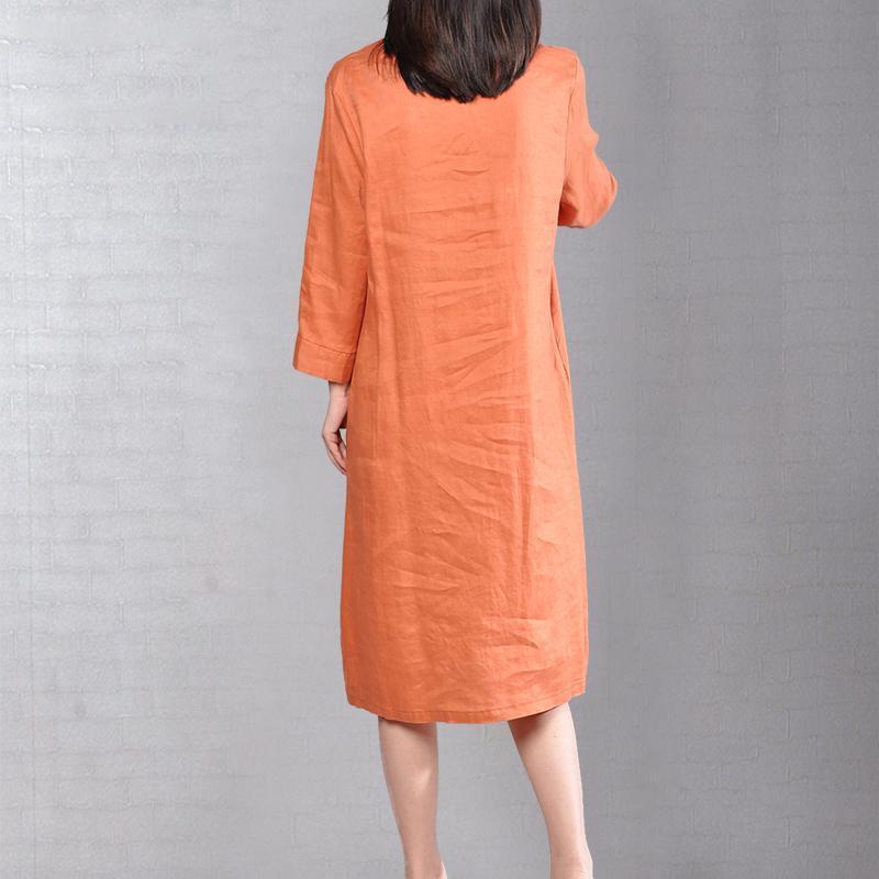 Orange Linen Dresses Clothing Traveling Clothing Bracelet Sleeved O Neck Cotton Clothing