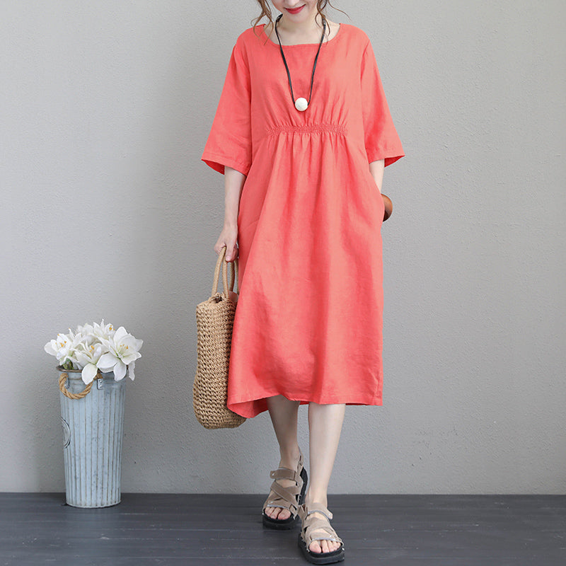 Orange Red Linen Dresses Tunic Linen Clothing Dresses Boutique Bracelet Sleeved Gown