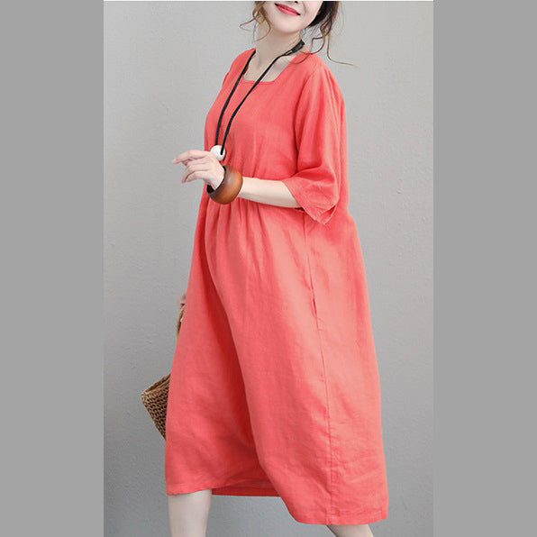 Orange Red Linen Dresses Tunic Linen Clothing Dresses Boutique Bracelet Sleeved Gown