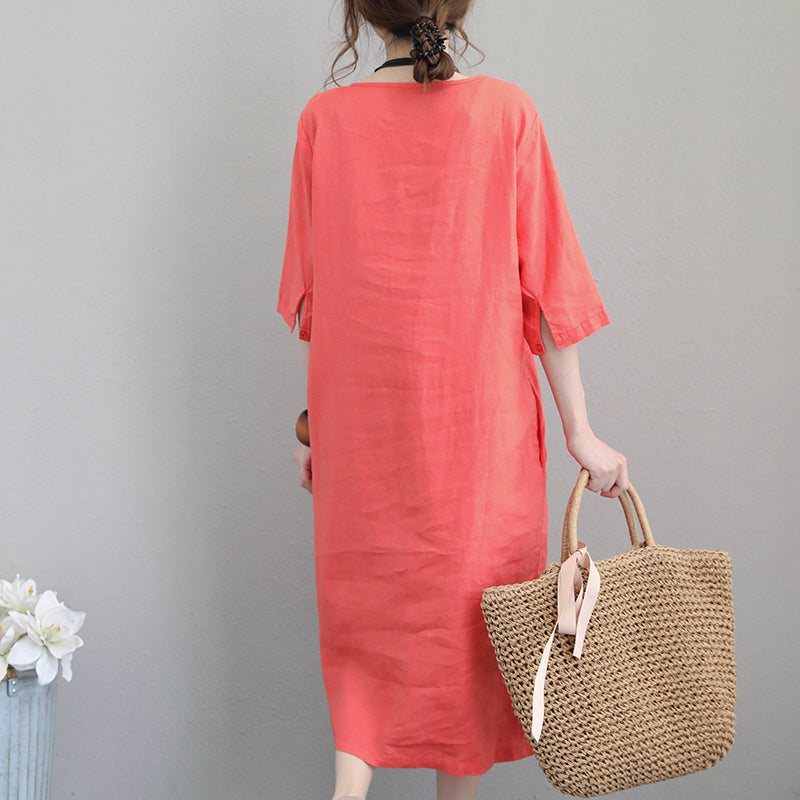 Orange Red Linen Dresses Tunic Linen Clothing Dresses Boutique Bracelet Sleeved Gown