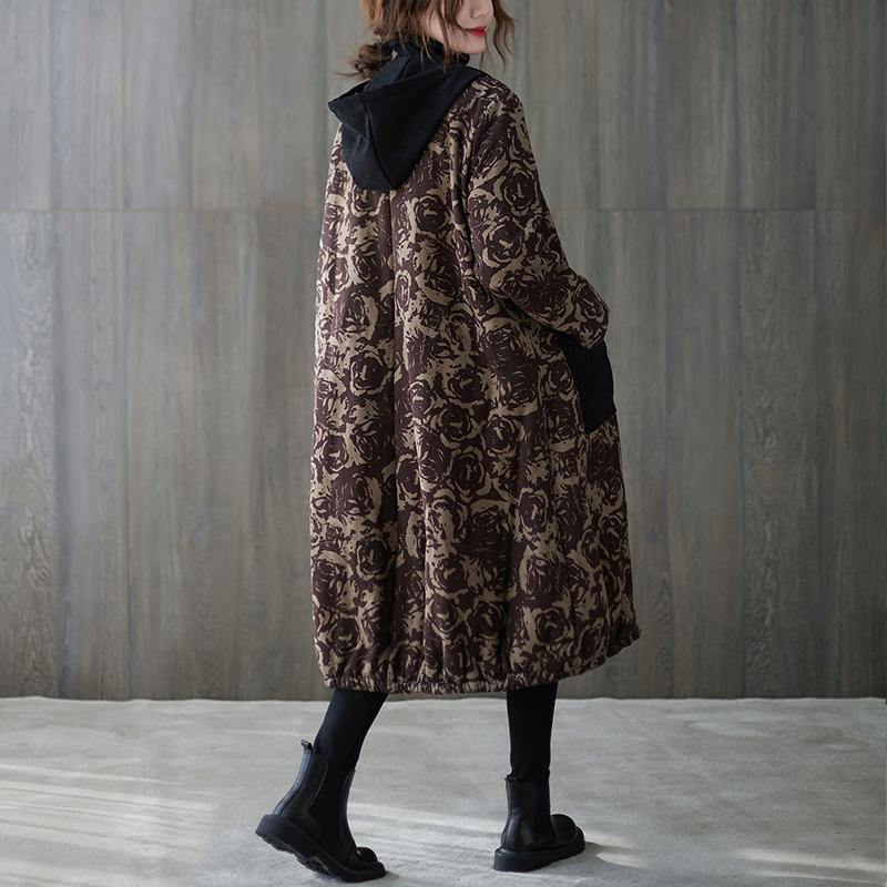 Oversize Winter Coats Chocolate Print Hooded Pockets Coats