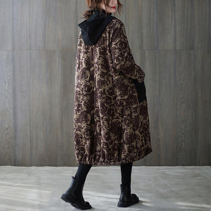 Oversize Winter Coats Chocolate Print Hooded Pockets Coats